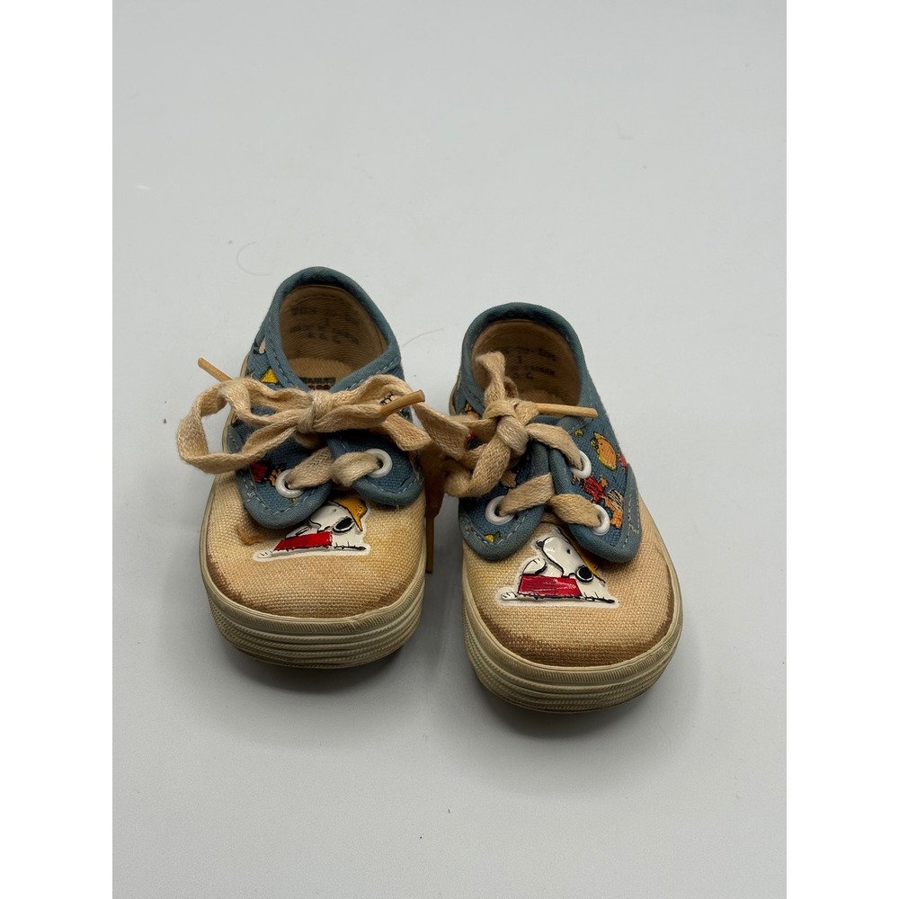 Vintage Peanuts Snoopy Footwear Baby Canvas Sneakers Blue Tan Lace Up Shoes